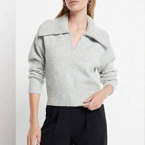 EXPRESS Light Gray Soft Knit V Neck Collared Sweater Size L NWT $88